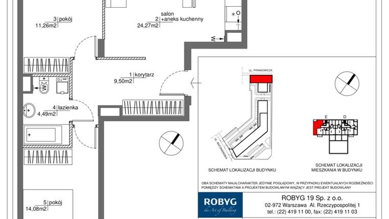 Rzut - Mieszkanie na sprzedaż 3 pokoje o powierzchni 63,54 m² - numer RM/1A/E/2/3 w Rytm Mokotowa - etap 1A