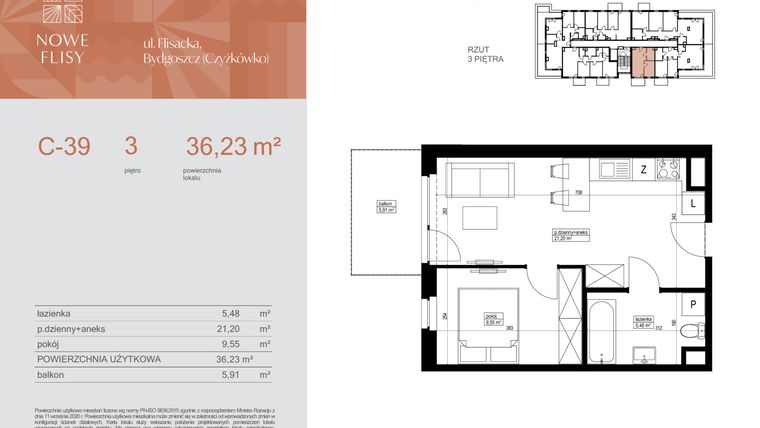 Rzut - Mieszkanie na sprzedaż 2 pokoje o powierzchni 36,23 m² - numer M39_NF.c w Nowe Flisy II