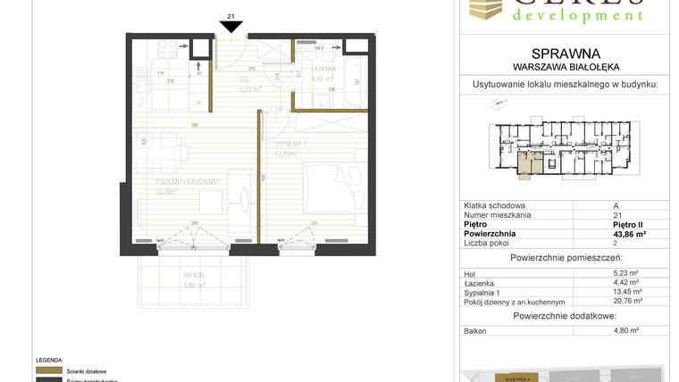 Rzut - Mieszkanie na sprzedaż 2 pokoje o powierzchni 43,86 m² - numer A21 w Osiedle Sprawna