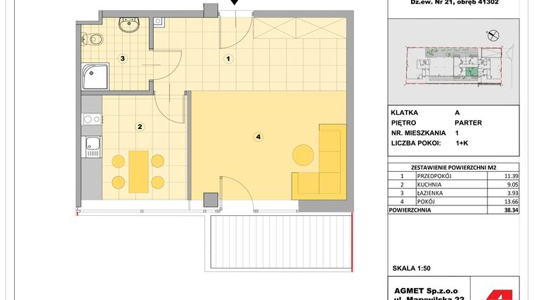 Rzut - Mieszkanie na sprzedaż 1 pokój o powierzchni 37,89 m² - numer 1 w Stalowa 65