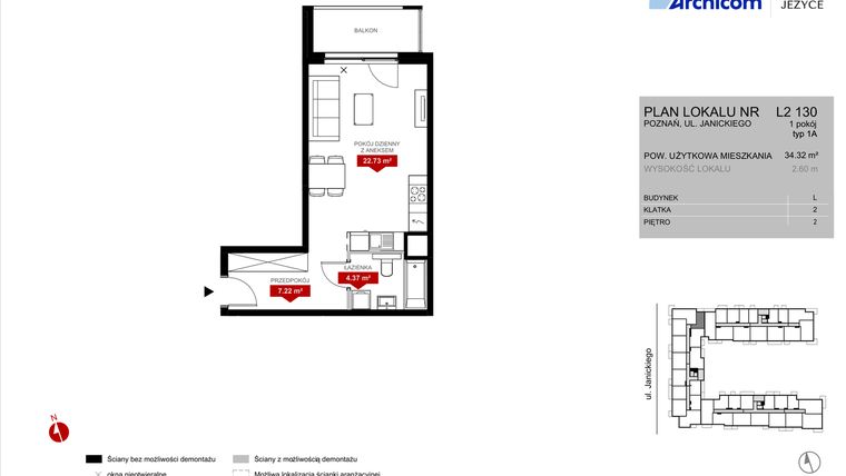 Rzut - Mieszkanie na sprzedaż 1 pokój o powierzchni 34,32 m² - numer L2.130 w Wieża Jeżyce etap VI