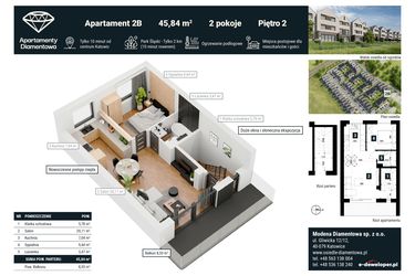 Rzut - Mieszkanie na sprzedaż 2 pokoje o powierzchni 54,17 m² - numer 2B w Apartamenty Diamentowa