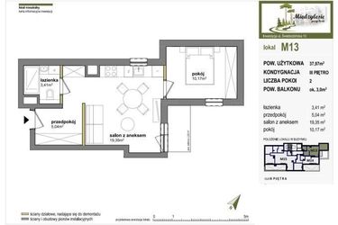 Rzut - Mieszkanie na sprzedaż 2 pokoje o powierzchni 37,97 m² - numer M13 w Międzylesie przy lesie