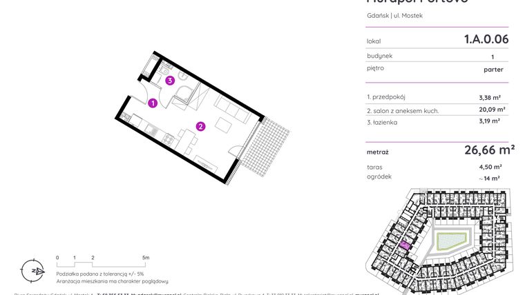 Rzut - Mieszkanie na sprzedaż 1 pokój o powierzchni 26,66 m² - numer 1.A.0.06 w Murapol Portovo etap II