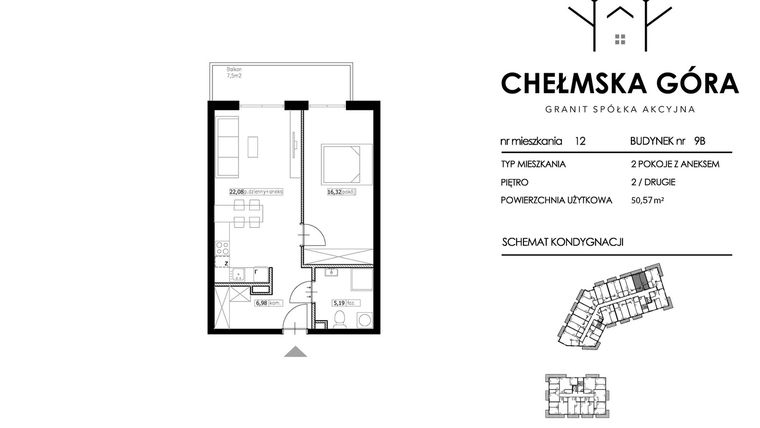 Rzut - Mieszkanie na sprzedaż 2 pokoje o powierzchni 50,57 m² - numer C-9B-M12 w Chełmska Góra