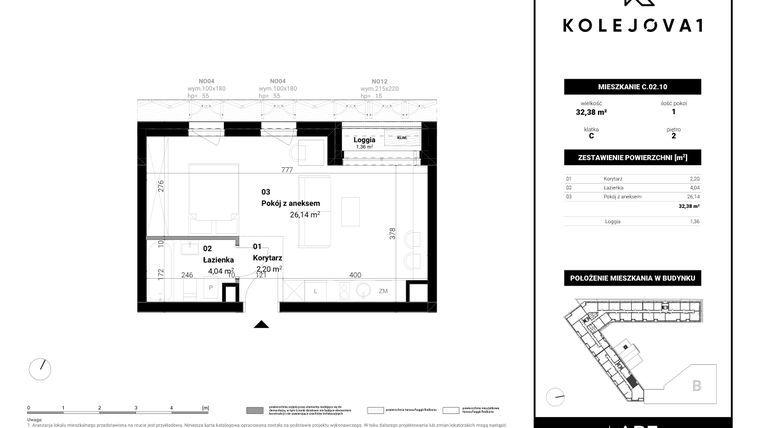 Rzut - Mieszkanie na sprzedaż 1 pokój o powierzchni 32,38 m² - numer C-02-10 w Kolejova 1