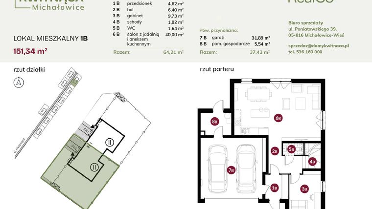 Rzut - Dom na sprzedaż 6 pokoi o powierzchni 151,34 m² - numer 1B w Michałowice Kwitnąca