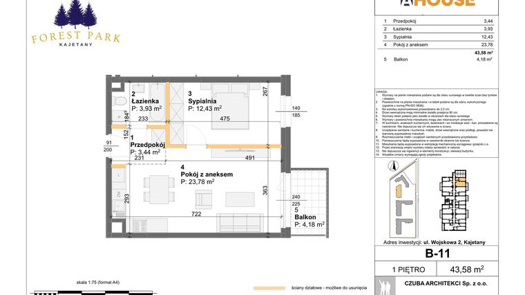 Rzut - Mieszkanie na sprzedaż 2 pokoje o powierzchni 43,58 m² - numer B.11 w Forest Park Kajetany