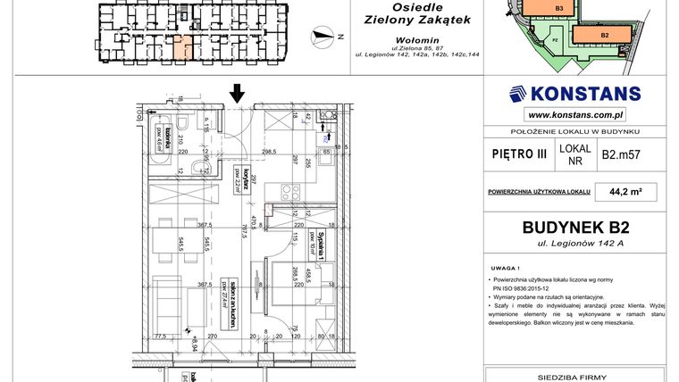 Rzut - Mieszkanie na sprzedaż 2 pokoje o powierzchni 44,2 m² - numer B2.57 w Osiedle Zielony Zakątek- etap II