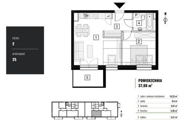 Rzut - Mieszkanie na sprzedaż 2 pokoje o powierzchni 37,66 m² - numer M.25 w Zielony Horyzont II