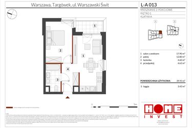 Rzut - Mieszkanie na sprzedaż 2 pokoje o powierzchni 39,93 m² - numer WS-L-A013 w Warszawski Świt etap XII
