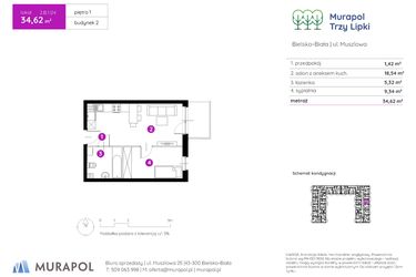Rzut - Mieszkanie na sprzedaż 2 pokoje o powierzchni 34,62 m² - numer 2.B.1.04 w Murapol Trzy Lipki etap II