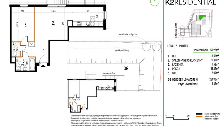 Rzut - Mieszkanie na sprzedaż 2 pokoje o powierzchni 59,98 m² - numer 2 w Kowalskiego 37