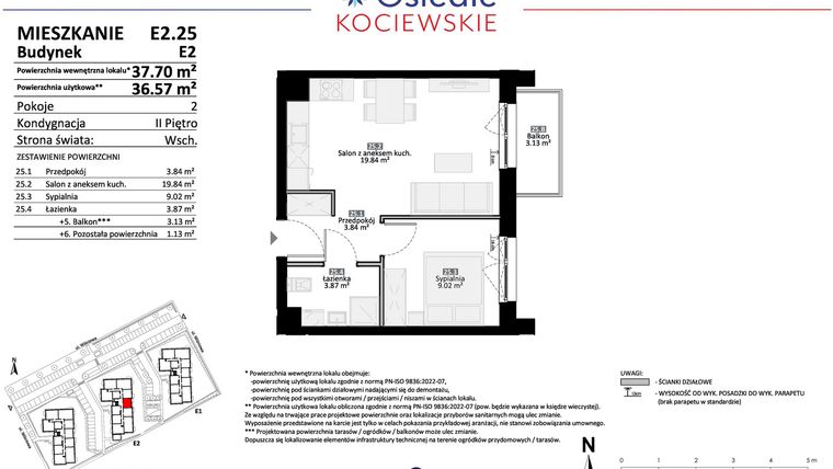 Rzut - Mieszkanie na sprzedaż 2 pokoje o powierzchni 36,57 m² - numer E2.25 w Osiedle Kociewskie bud. E