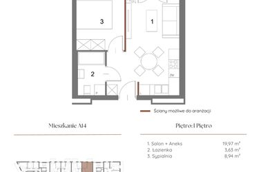 Rzut - Mieszkanie na sprzedaż 1 pokój o powierzchni 33,1 m² - numer A14 w Dąbrowskiego 9