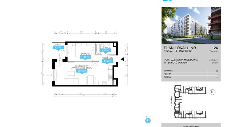 Rzut - Mieszkanie na sprzedaż 2 pokoje o powierzchni 49,39 m² - numer CDEF.124 w Wieża Jeżyce etap II