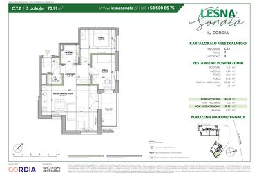 Rzut - Mieszkanie na sprzedaż 3 pokoje o powierzchni 70,91 m² - numer C.7.2 w Leśna Sonata