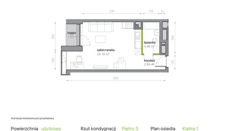 Rzut - Mieszkanie na sprzedaż 1 pokój o powierzchni 32,59 m² - numer K1/3/22 w Piękna Vita
