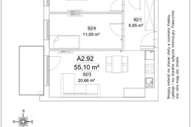 Rzut - Mieszkanie na sprzedaż 3 pokoje o powierzchni 55,1 m² - numer 5B/92 w FORTnatura etap II