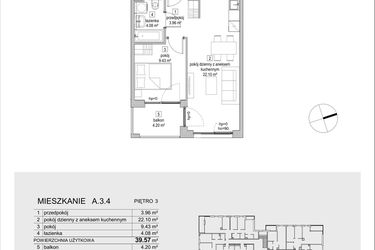 Rzut - Mieszkanie na sprzedaż 2 pokoje o powierzchni 39,57 m² - numer A.3.4 w ATAL Symbioza IA
