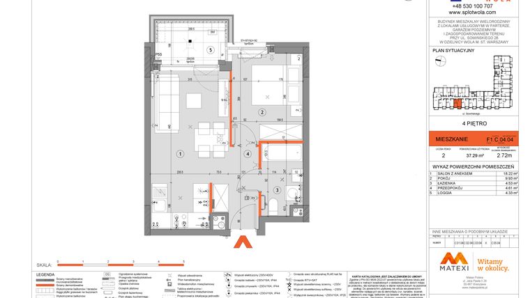 Rzut - Mieszkanie na sprzedaż 2 pokoje o powierzchni 37,29 m² - numer F1.C.04.04 w Splot Wola