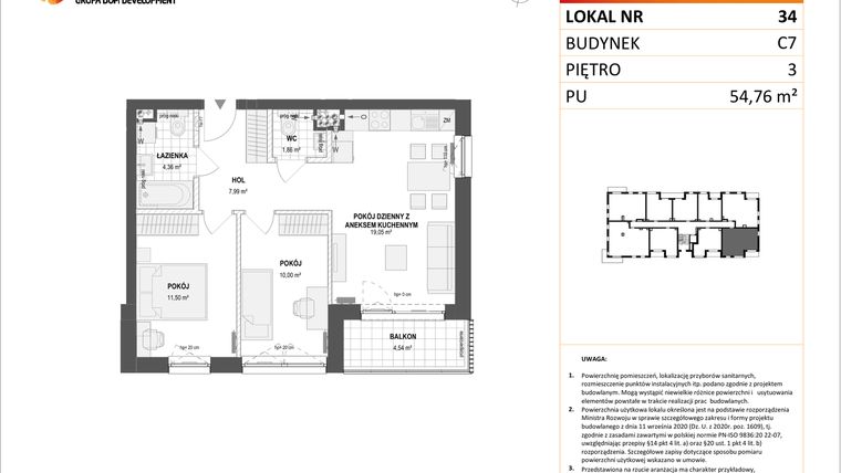 Rzut - Mieszkanie na sprzedaż 3 pokoje o powierzchni 54,76 m² - numer C7.34 w Konstelacja etap IV