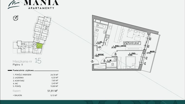 Rzut - Mieszkanie na sprzedaż 2 pokoje o powierzchni 51,91 m² - numer 15 w MANIA Apartamenty
