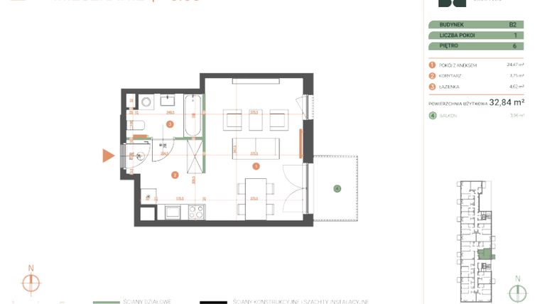 Rzut - Mieszkanie na sprzedaż 1 pokój o powierzchni 32,84 m² - numer M.06.08 w Casa Feliz Portowa