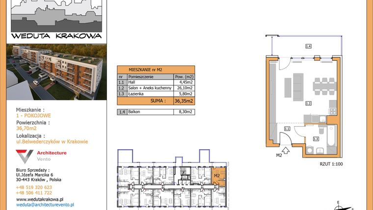 Rzut - Mieszkanie na sprzedaż 1 pokój o powierzchni 36,35 m² - numer M2 w Weduta Krakowa etap II