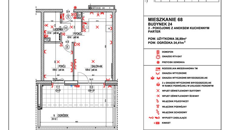 Rzut - Mieszkanie na sprzedaż 2 pokoje o powierzchni 36,89 m² - numer 68 w Osiedle 4 Pory Roku - Etap VIII