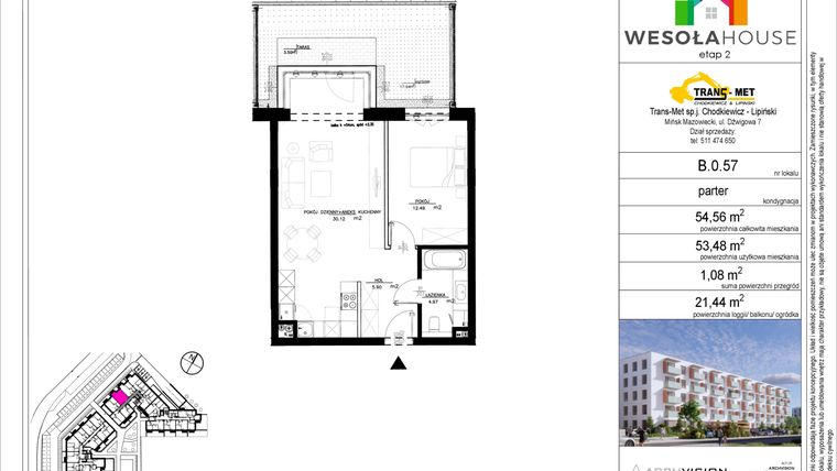 Rzut - Mieszkanie na sprzedaż 2 pokoje o powierzchni 53,42 m² - numer B.0.57 w Wesoła House Etap II