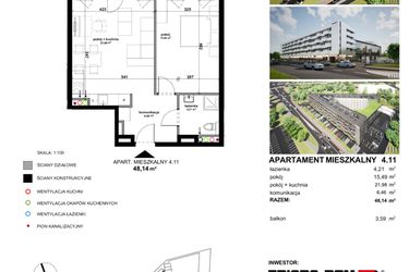 Rzut - Mieszkanie na sprzedaż 2 pokoje o powierzchni 48,14 m² - numer 4.11 w Apartamentowiec Zwycięska 3
