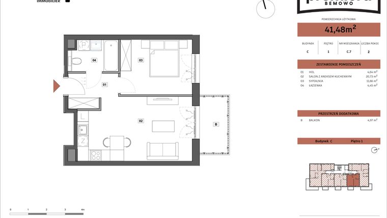 Rzut - Mieszkanie na sprzedaż 2 pokoje o powierzchni 41,48 m² - numer C.07 w Premiera Bemowo