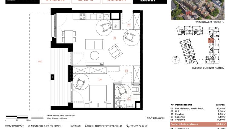 Rzut - Mieszkanie na sprzedaż 2 pokoje o powierzchni 55,25 m² - numer B1.1.1 w Browary Tarnowskie etap 1