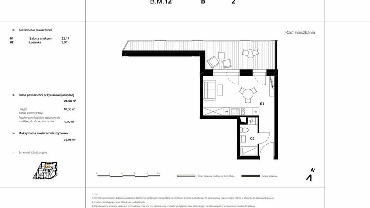 Rzut - Mieszkanie na sprzedaż 1 pokój o powierzchni 26,08 m² - numer B.M.12 w VIDOK