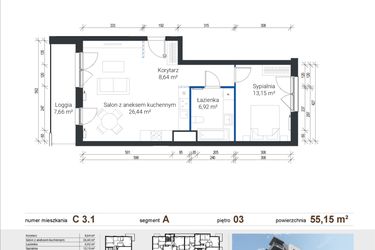 Rzut - Mieszkanie na sprzedaż 2 pokoje o powierzchni 55,15 m² - numer C 3.1 w Nowe Zabłocie