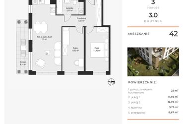 Rzut - Mieszkanie na sprzedaż 3 pokoje o powierzchni 63,48 m² - numer 42 w Bytkowska 3.0