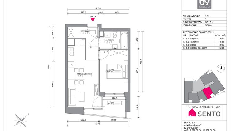 Rzut - Mieszkanie na sprzedaż 2 pokoje o powierzchni 37,17 m² - numer 1.14 w Barska 69