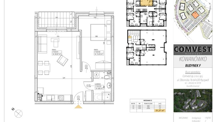 Rzut - Mieszkanie na sprzedaż 2 pokoje o powierzchni 51,36 m² - numer F3 w Kowanówko
