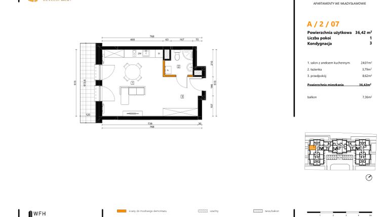 Rzut - Mieszkanie na sprzedaż 1 pokój o powierzchni 36,42 m² - numer A.2.07 w SPOT