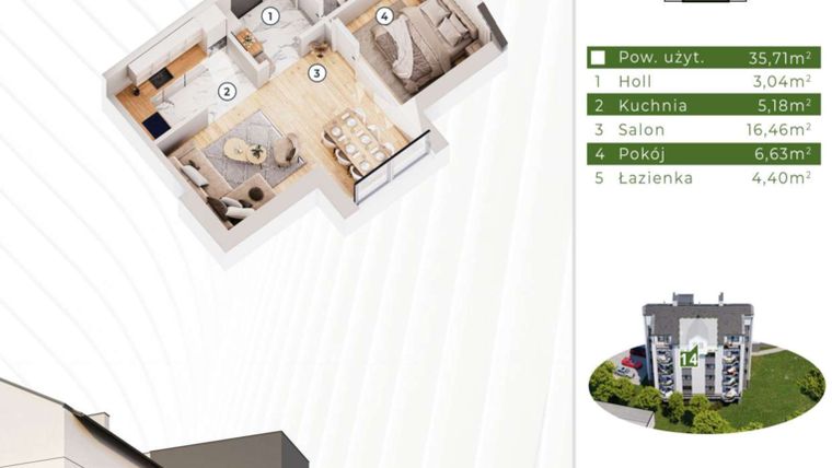 Rzut - Mieszkanie na sprzedaż 2 pokoje o powierzchni 35,71 m² - numer 21.M14 w Osiedle Leśny Zakątek