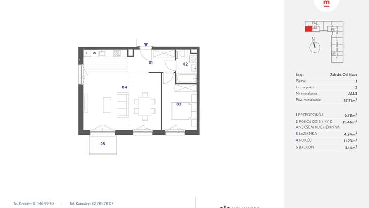 Rzut - Mieszkanie na sprzedaż 2 pokoje o powierzchni 57,71 m² - numer A1.1.3 w Mieszkaj w Mieście - Załęska od Nowa