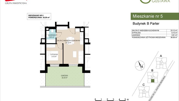 Rzut - Mieszkanie na sprzedaż 2 pokoje o powierzchni 36,09 m² - numer B5 w Wzgórze Gustawa