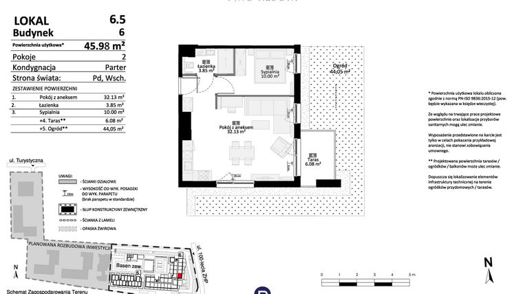 Rzut - Mieszkanie na sprzedaż 2 pokoje o powierzchni 45,98 m² - numer 6.05 w Pino Resort