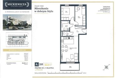 Rzut - Mieszkanie na sprzedaż 3 pokoje o powierzchni 62,32 m² - numer A20 w Mickiewicza