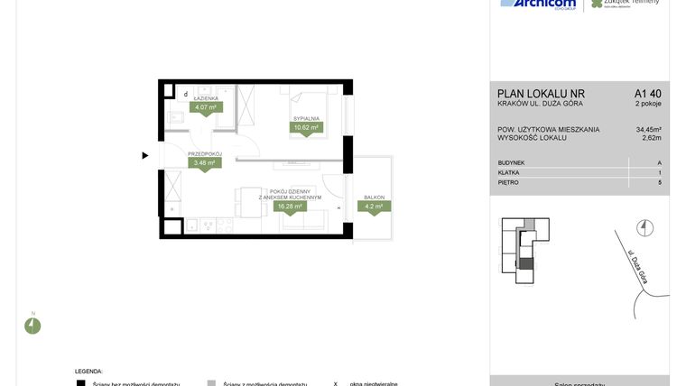 Rzut - Mieszkanie na sprzedaż 2 pokoje o powierzchni 34,45 m² - numer A1 40 w Zakątek Telimeny