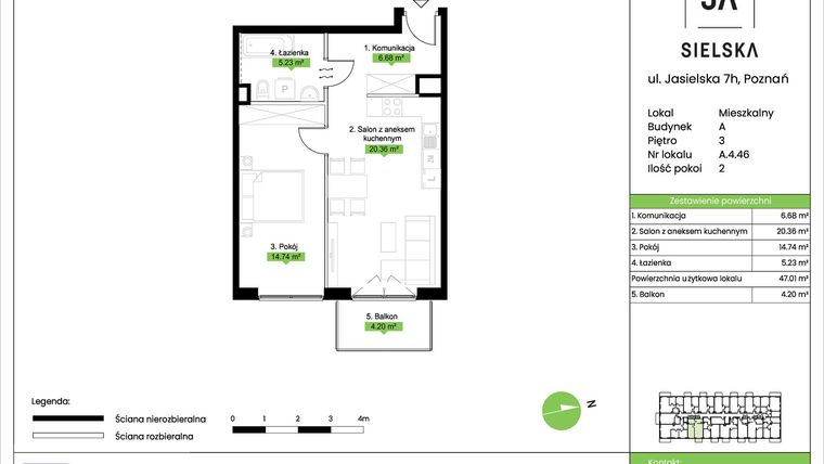 Rzut - Mieszkanie na sprzedaż 2 pokoje o powierzchni 47,01 m² - numer A.4.46 w JA_SIELSKA V