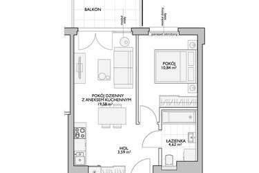 Rzut - Mieszkanie na sprzedaż 2 pokoje o powierzchni 39,72 m² - numer WO/P33/17 w Wiszące Ogrody