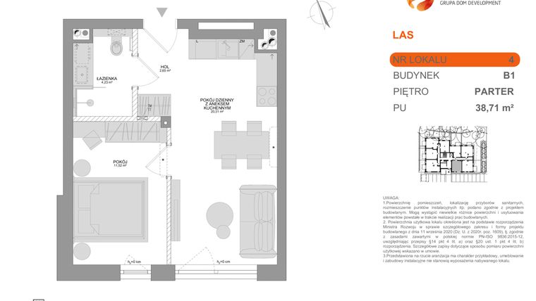 Rzut - Mieszkanie na sprzedaż 2 pokoje o powierzchni 38,54 m² - numer B1 4 w Las