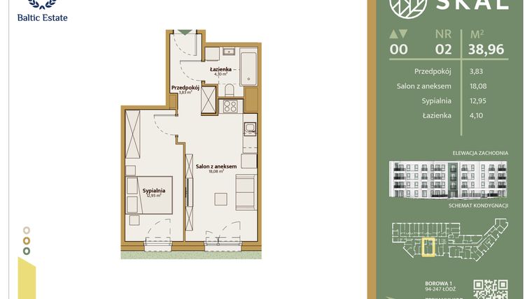 Rzut - Mieszkanie na sprzedaż 2 pokoje o powierzchni 38,96 m² - numer M.2 w Skal